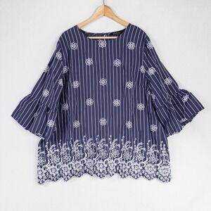 Calessa Top Blouse 1X Blue White Stripe Floral Embroidered Bell Sleeve Boho